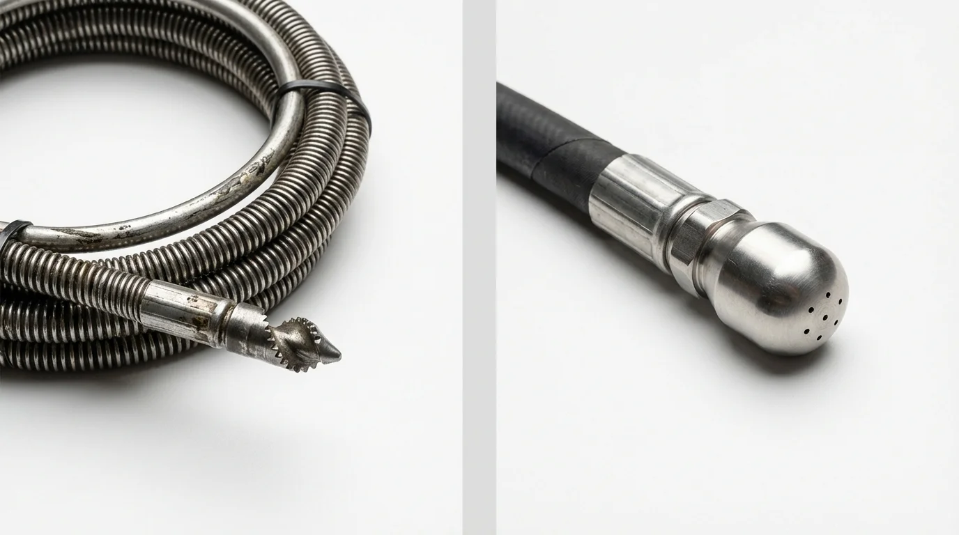 Drain snake cable and hydro jetting nozzle used for drain cleaning in Maumee, OH