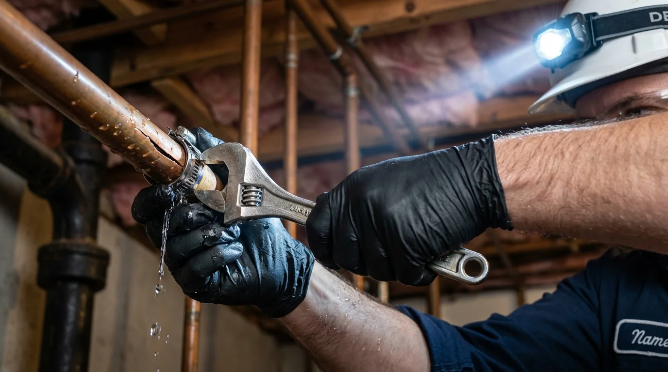 Emergency pipe clamp repair being performed by a Johns Plumbing LLC plumber in Maumee